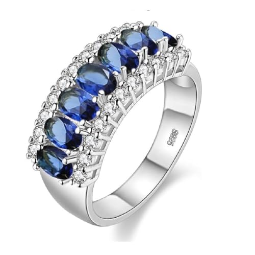 Uloveido Beautiful Women's 7 Stones Wedding Band Oval Cubic Zirconia Engagement Anniversary Rings J501 - color: Platinum-Dark blue