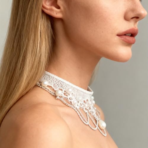 Lace Choker Necklace for Women Gothic Pearl Pendant Necklace Halloween Cosplay Jewelry - color: White