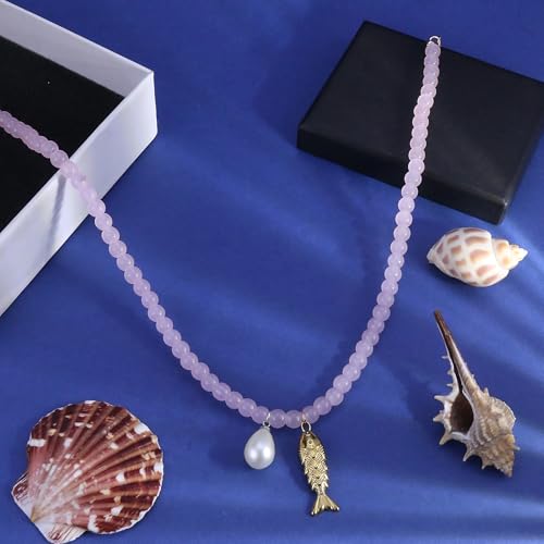Fish Shell Necklace for Women, Beaded Necklaces Boho Statement Necklace, Pearl Necklaces Summer Beach Vacation Dress & Costume Jewelry - color: Pink- fish
