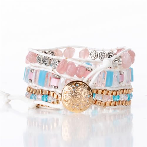 YGLINE Natural Stone Wrap Bracelet for Women Boho Bracelets Healing Crystal Beaded Bracelet Adjustable 3/5 Wraps Bracelet Handmade Birthday Gifts for Women - color: blue&pink