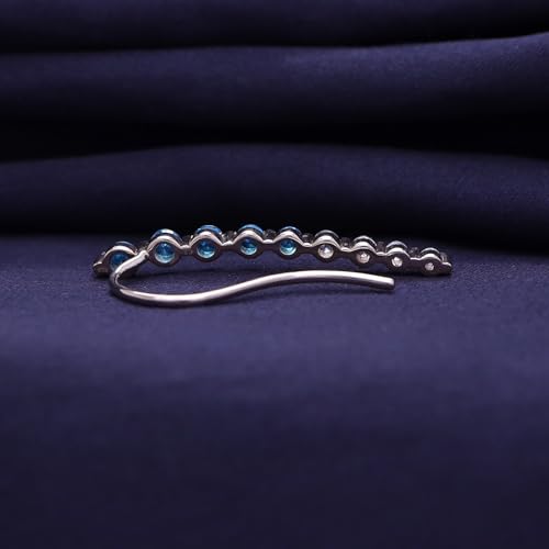 Floating Curved Bar One Piece Left Ear Crawler Earrings With Birthstone | White CZ In 14K Yellow Gold Over Sterling Silver - color: Simulated Blue Topaz