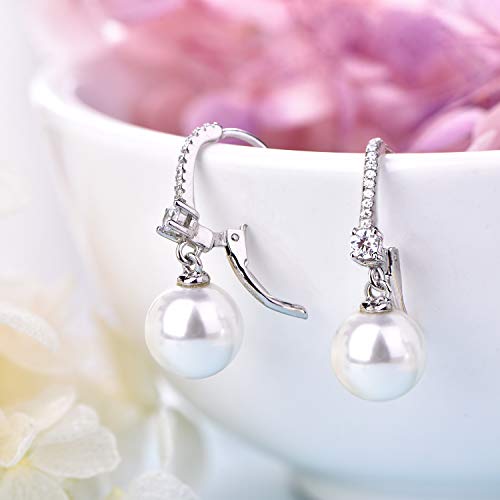 JO WISDOM 925 Sterling Silver Freshwater Pearl Hoop Earrings with Dangle Real Pearl,Simulated Pearls - color: C-10mm white pearl,round shape
