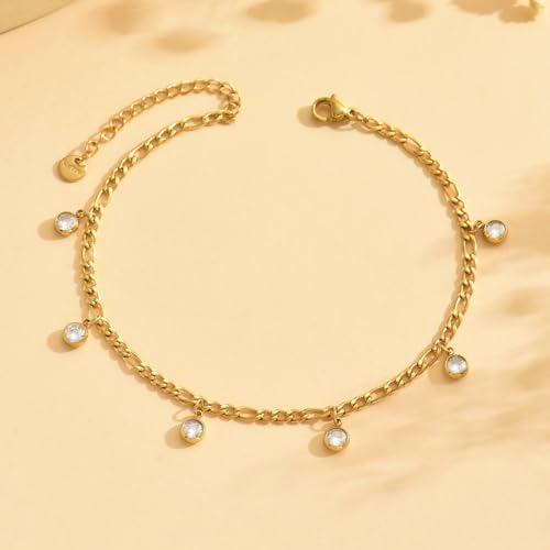 18K Gold Plated Waterproof Summer Beach Ankle Bracelets for Women | Starfish Sea Shell Pearls CZ Diamond Dangle Anklets - style: 6 CZ Drop-Gold