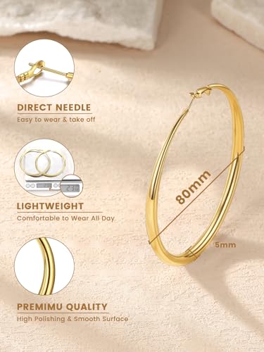 KeyStyle 5mm Thick Hoop Earring,Large Gold Hoop Earrings for Women | Stainless Steel Hoops Earring 14K Gold Plated/Silver/Black Hoop Lightweight Hypoallergenic Hollow Tube Hoop(40/60/80MM) - color: Gold, size: 80mm