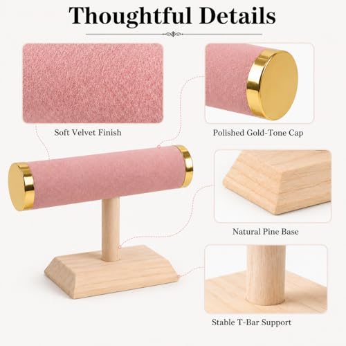 Jewelry Display T-Bar Stand, 9 Inch Pink Velvet Bracelet Holder with Gold-Tone End Caps, 1-Tier Bangle and Watch Stand with Natural Pine Base for Vanity and Retail Counter - color: Black