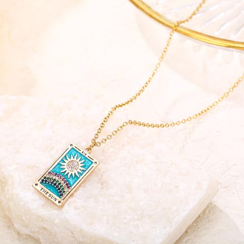 LUREME Punk Tarot Necklace - Gold Rectangle Pendant with Strass Zircon Sun/Moon/Star Design for Women (nl006354) - color: Multi Sun