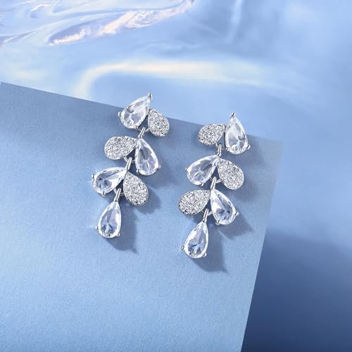 Gemsme Bridal Wedding Earrings for Brides Bridesmaides, 925 Sterling Silver Posts hypoallergenic Cubic Zirconia stud,Drop & Dangle Earrings for Women Jewelry Gifts - color: White - Leaf Shape