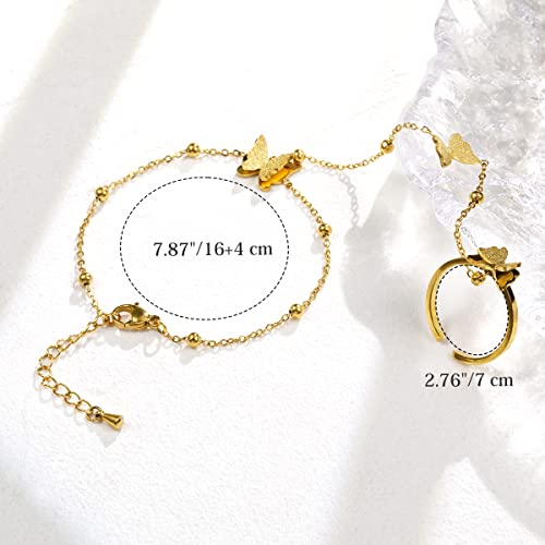 Emibele Gold Bracelets for Women, 18K Gold Plated Hand Chain, Cubic Zirconia Stainless Steel Non Tarnish Hand Chain Bracelet with Finger Ring, Adjustable Trendy Jewelry Valentines Day Gifts for Women - style: Butterfly Pendant