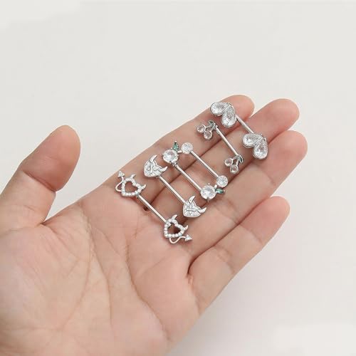 8 Pairs Nipple Rings 14G Stainless Steel Heart Cherry Apple Devil CZ Acrylic Ball Stud Barbell Tongue Rings Set Cute Nipplerings Piercing Jewelry for Women Red Silver Tone - color: Silver