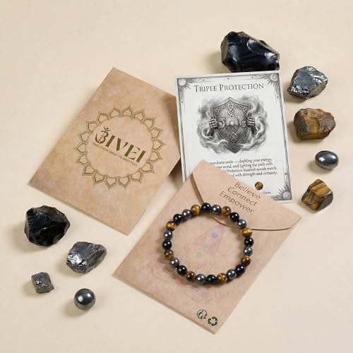 Bivei Protection Crystal Healing Bracelet | 8MM Strength Bracelet Spiritual Stretch Beaded Jewelry for Women Men Gift - color: Triple Protection, size: Medium 6.8-7.3 inch