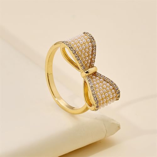 Pearl CZ Bow Statement Open Finger Ring for Women - Gold Plated Dainty Crystal Bowknot Adjustable Rings Wedding Engagement Promise Bands Elegant Jewelry Birthday