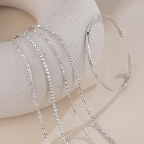 Dainty Gold Bracelet for Women Trendy Non Tarnish, Thin Bracelets Stackable Set with Bangle Cuff, Box, Herringbone, Paperclip, Figaro, Sparkling Link Chains Waterproof, Simple Jewelry Gifts for Women - color: Silver-tennis/cuban/bangle/paperclip/Beaded
