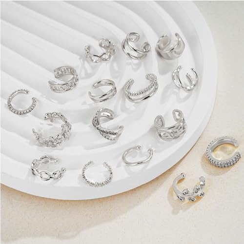 Jewdreamer 16Pcs Ear Cuffs for Women Non Piercing | 14K Golded Silver Ear Cuffs Earrings Non Pierced Clips On Cartilage Earring Fake Earrings Lightweight - style: 16PCS Silver