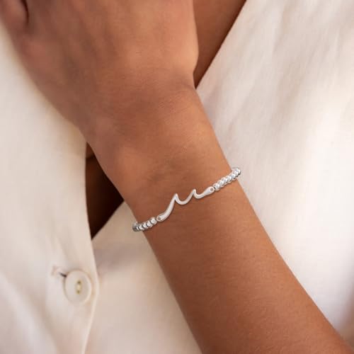 Beaded Bracelets for Women 14K Silver Gold Plated Stretch Handmade Ball Bracelets Cute Charm Bracelet Dainty Stackable Cross Heart Bow Wave CZ Circle Trendy Jewelry Easter Gifts - color: wave-silver