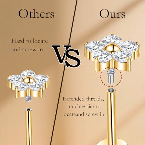 limerencia Titanium Internally Threaded Flat Back Earrings, 3 Pcs Implant Grade Hypoallergenic Studs, 18G Tragus Helix Conch Cartilage Piercing Jewelry for Sensitive Ears Women Men, Gold/Silver - color: Gold-Vibe B