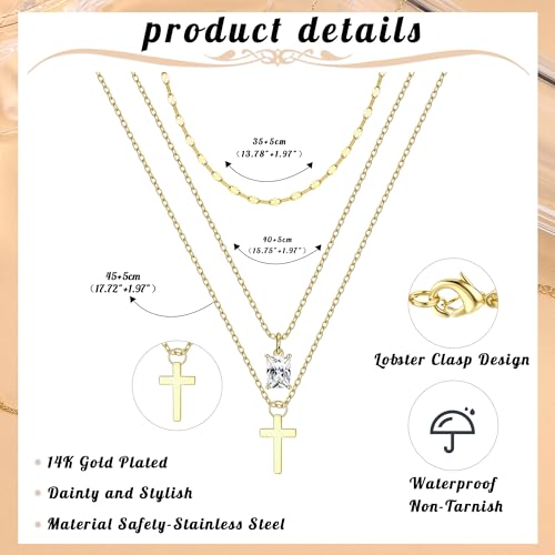 Kakonia Layered Gold Necklaces for Women, 3-Piece Gold Necklace Stack | 14K gold plated pendant necklace set, 3 dainty gold chains, trendy jewelry for women, ideal for weddings, proms or gifting - style: Cross Pendant