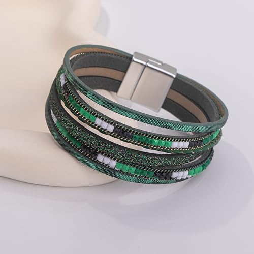 Boho Layered Leather Wrap Bracelets Chunky Western Country Hippie Jewelry | Stackable Bohemian Cowgirl Magnetic Clasp Cuff Bangle Set Fashion Stack Statement Festival Trendy Jewelry Gifts for Women - color: Green