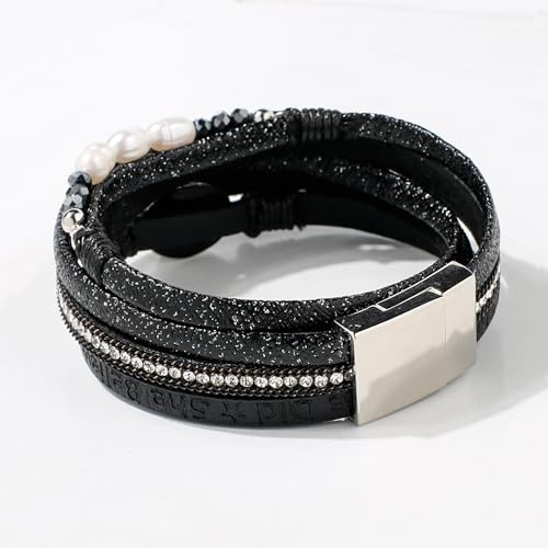 Artilady Leather Wrap Bracelet for Women, Pearl Beaded Bangle Stack Jewelry | Easy on-off, Elegant Handmade Multi-Layered, Daily Casual Date Beach Vacation, Gift for Ladies, Mother, Sister & Friend - style: So She Did, Black