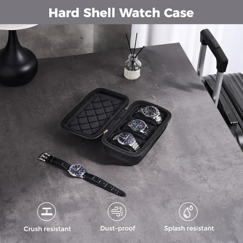ProCase 3-Slot Travel Watch Case for Men, Hard Shell Storage Box -Black | Travel Watch Box for Watch Bracelet Accessories, Zippered Organizer Bag Fathers Day Gift for Dad - size: 3 Slots