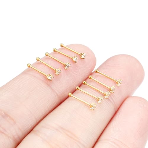 Hoeudjo Nose Studs Surgical Steel Cubic Zirconia Nose Rings Kit for Women Men Tiny Nose Stud Bone & Screw & L Shaped Nostril Piercing Jewelry 24/22/20/18 Gauge 10 Pieces - color: gold-tone,nose bone studs, size: 24g/1.5mm clear CZ