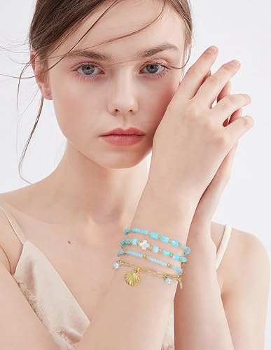 LALAPPLE Shell Bracelet Boho Beaded Stretch Bracelets for Women Seashell Strand Bracelets Starfish Charm Jewelry Summer Beach Jewelry Stackable Crystal Gold Plated Beads Bracelet for Women - style: T-Style1