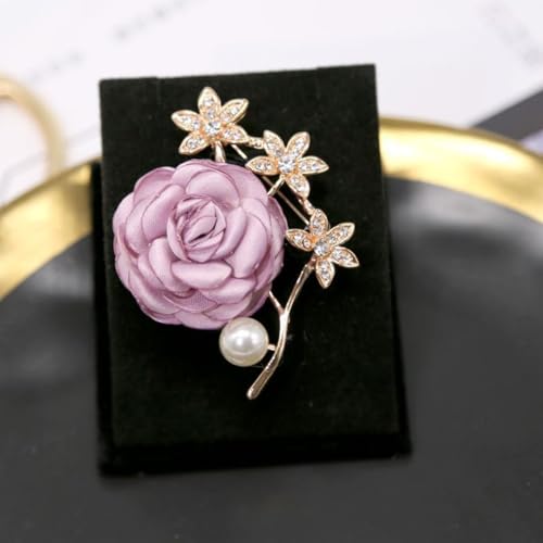 Handmade Elegant Red Rose Flower Brooch Pin for Women Crystal Pearl Fabric Flower Lapel Pin Dress Suit Accessories - color: Purple Gold Flower