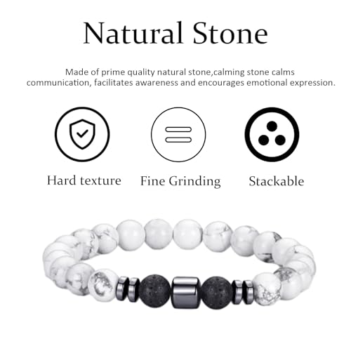 Mens Beaded Bracelets Set 8MM Tiger Eye Lava Stone Stretch Natural Stone Men's Bead Bracelet Mens Bracelet - color: 2, Black, White Bracelet
