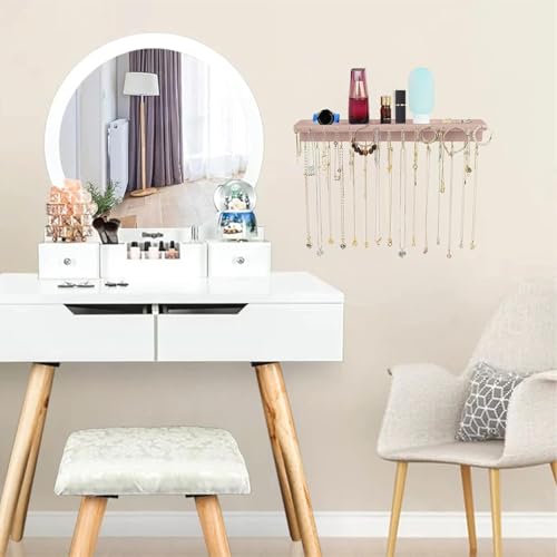 YYILIS Necklace Holder, Upgraded Extra Large Wall Necklace Organizer with 30 Hooks Wall Mounted Necklace Hanger with Jewelry Tray/Cosmetics Shelf Rustic Pine Wood Holder (Pink) | 30 Hooks Wall Mounted Necklace Hanger with Jewelry Tray/Cosmetics Shelf Rust