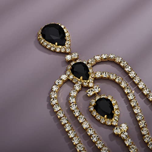Bohemian Full Gold Rhinestone Chain Black Crystal Head Chain Clip Drop Pendant HeadPieces Forehead Headband Hair Accessories for Wedding Brides Party Prom Costume (Gold Black) - color: Gold Black