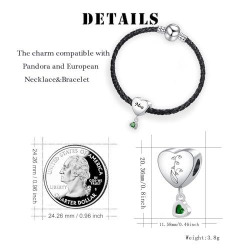 Birth Flower Heart Charm 12 Birthstone Bead for European Bracelet Necklace - style: May