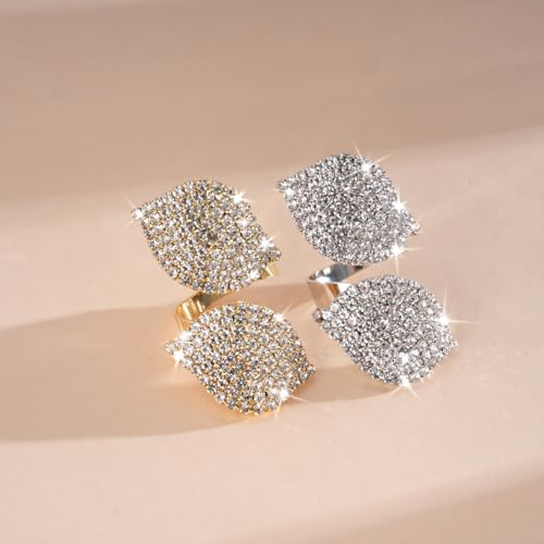 Rhinestone Finger Ring for Women Sparkly Crystal Butterfly Flower Leaf Adjustable Statement Chain Rings Punk Jewelry - color: Leaf S
