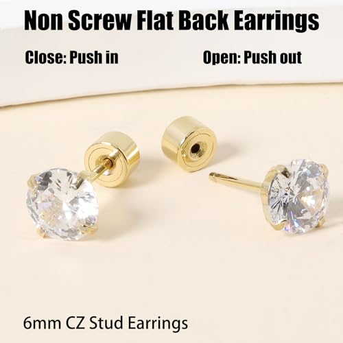 Threadless Flat Back Earrings, Hypoallergenic 14K Real Gold Plated CZ Stud Earrings | Cartilage Earring | Tragus Helix Piercing Jewelry | Push in Flatback Earrings for Women Men - color: 14K Gold, size: 6 Millimeters