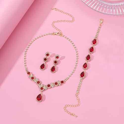 Paxuan Silver/Gold Rhinestone Crystal Wedding Bridal Bridesmaids Earrings Bracelet Set for Women Brides Bridesmaids Crystal Rhinestone Bracelet Earrings Set for Wedding Bridal Prom Pageant - color: Red