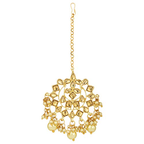 Aheli Elegant Indian Faux Kundan Studded Choker Necklace with Maang Tikka Set Ethnic Wedding Wear Bharatanatyam jewellery set Gift for Women - color: Champagne