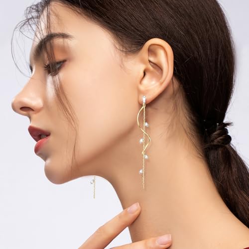 Gold/Silver Clip on Earrings Non Pierced for Women - 14K Gold Plated Long Tasse Drop Dangle Clip Earrings - Cubic Zirconia Leaf Earrings for Women Gold Wedding Jewelry Gifts - color: Gold