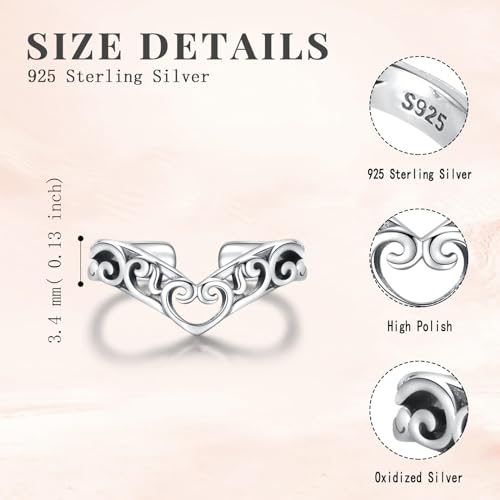 925 Sterling Silver Toe Ring Adjustable Butterfly Filigree Boho Ocean Wave Summer Jewelry for Women - style: Heart V Shaped Filigree