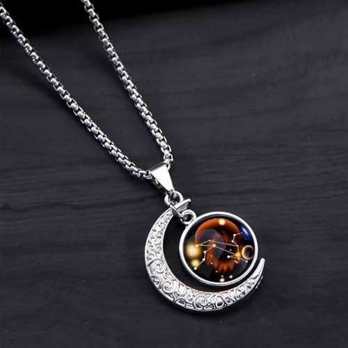Stainless Steel Mens Necklace 12 Zodiac Moon Galaxy Pendant Necklace,22.8 Inch Stainless Steel Chain, 1.13 Inch Aries/Pisces Celestial Crescent Moon Star Sign Charm Jewelry - style: Leo(7.23-8.22)