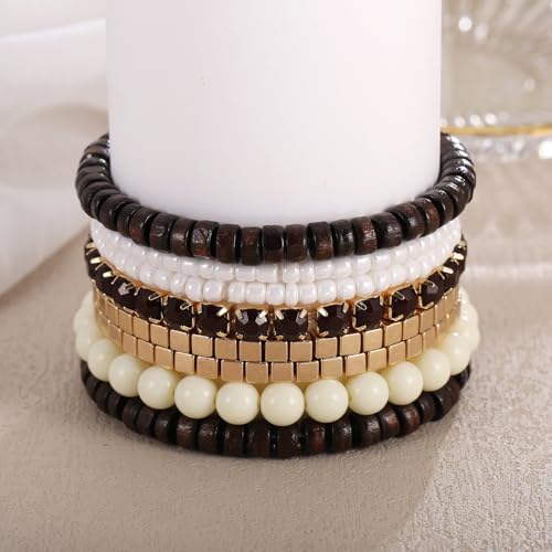 LUREME Boho Multi Strand Stackable Stretch Bracelet Set Wooden Cube Alloy Bead Bangle bl003172 - color: Dk Brown