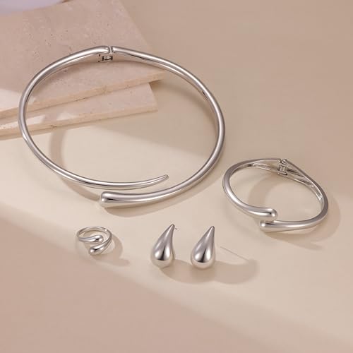 4 Pcs Chunky Gold Jewelry Set for Women, 14K Gold Plated Cuff Choker Collar Necklace, Teardrop Drop Earrings, Teardrop Wrap Ring, Hinged Cuff Bangle Bracelets, Statement Fashion Jewelry - color: 4 Pcs Silver Jewelry Set