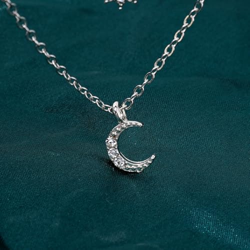 Silver Layered Star Moon Choker Necklaces for Women, Funky Rhinestone Moon Necklace Stars Choker Stacked Necklaces Jewelry