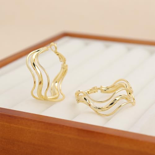 Chunky Large Gold Puffy Open Hoop Earrings for Women,Trendy Statement Big Minimalist Wavy Huggie Earing Prom Jewelry Gift - color: Triple
