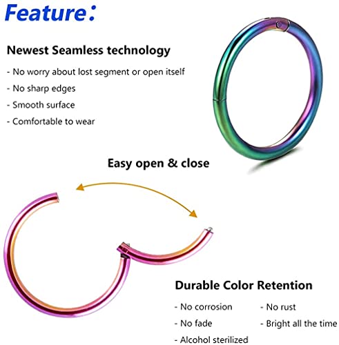 4Pcs 16G 18G 20G Surgical-Steel-Piercing-Ring-Nose-Rings-Hinged-Hoop-Earrings,6mm 8mm 10mm 12mm Seamless Stainless Steel Clicker Eyebrow Septum Piercing Hoop,Sliver Black Gold Rose Gold Rainbow Body Jewelry Set - color: 18G Rainbow