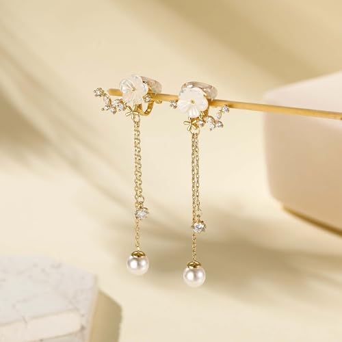 Awinesn Clip on Earrings Dangle Pearl Drop Clip Earrings for Women Trendy Dangle Chain Dainty Flower Wedding Earrings for Brides 14K Gold Plated Statement Non Pierced Earrings for Women Sparkly Jewelry - style: fugu-flower-g