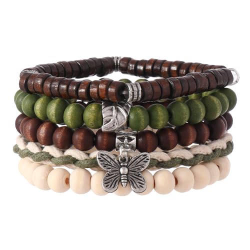 Boho Bracelet for Men & Women Retro Multilayer Handmade Wooden Bead Stretch with Butterfly Charm - color: B