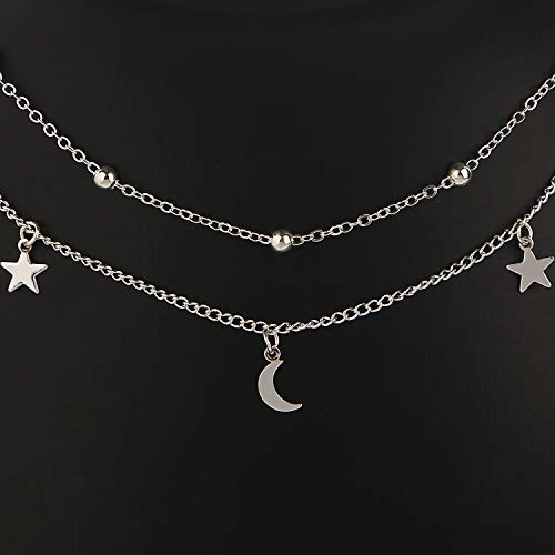 BaubleStar Star Moon Charm Necklace Layering Chain Choker for Women - color: Silver
