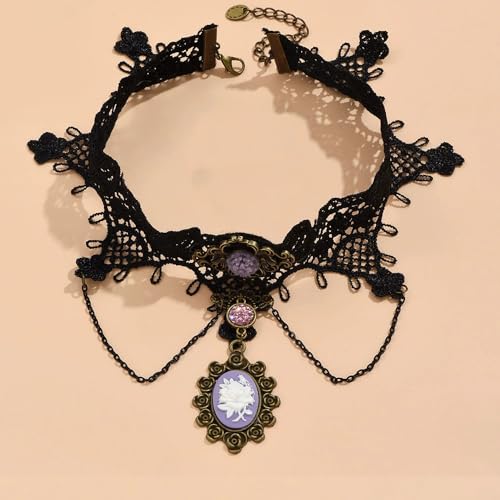 Gothic Lace Choker Necklace for Women, Pearl Sexy Tassel Adjustable Choker Necklace, Boho Halloween Jewelry for Festival Party Cosplay Costume Gifts - color: black purple Chain