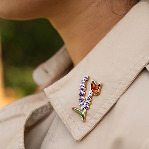 Lavender Pin & Butterfly Flower Pin, Floral Insect Art, Nature Lover Gift, Botanical Accessory, Purple Flower Lapel