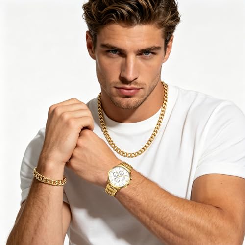 NEWITIN 4 Pieces Black Jewelry Set for Men Stainless Steel Watch Necklace Bracelet Ring Fashion Black Wristwatch Cuban Link Chain Cuban Jewelry Set for Men - color: Gold