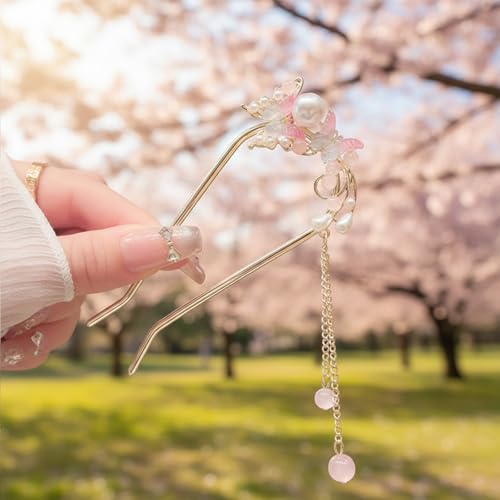 Pearl Butterfly Flower Hair Pins For Women Tassel Chain Pendant French Hair Pin Sticks Pink White Butterflies Floral U-Shaped Hairpin Fork Updo Bun Qipao Hanfu Chinese Bridal Wedding Hair Accessories