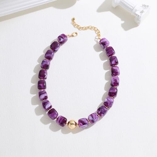 Chunky Beaded Necklace for Women Boho Statement Bead Necklace Adjustable Choker with Polished Disc/Square Beads Trendy Summer Beach Jewelry Gifts - color: Purple